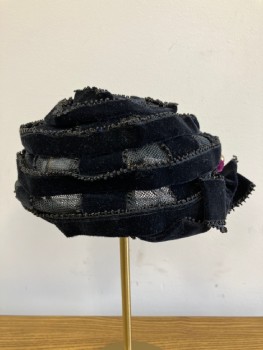 Womens, Hat, N/L, Black, Cotton, Velvet Ribbon With Loop Trim On Netted Cap, Bow With Purple And Gold Embellishments