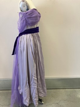 Womens, Evening Gown, WILL STEINMAN, Lavender Purple, Iridescent Purple, Silk, Solid, W:28, B:38, Strapless,  Bodice With Lapels And Tulle Attached At CF And CB  Gathered Velvet  Cummerbund, Side Zipper
