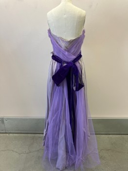 Womens, Evening Gown, WILL STEINMAN, Lavender Purple, Iridescent Purple, Silk, Solid, W:28, B:38, Strapless,  Bodice With Lapels And Tulle Attached At CF And CB  Gathered Velvet  Cummerbund, Side Zipper