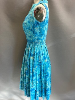 Womens, Dress, CAFE DIRECTIONS, Sea Foam Green, White, Blue, Cotton, Floral, W23, B30, Asymmetric,  Pinched Pleats, Box Pleats At Skirt, Neck Tie Attached  At Sleeve, CB Zipper
