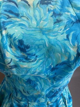 Womens, Dress, CAFE DIRECTIONS, Sea Foam Green, White, Blue, Cotton, Floral, W23, B30, Asymmetric,  Pinched Pleats, Box Pleats At Skirt, Neck Tie Attached  At Sleeve, CB Zipper