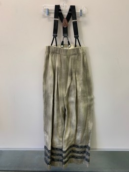 Mens, Historical Fiction Pants, NO LABEL, Beige, Faded Black, Silver, Polyamide, Elastane, Solid, W30-32, Elastic Waist Band, Pleated Front, 3 Bands On Bottom, Aged And Stains, With Black Suspenders