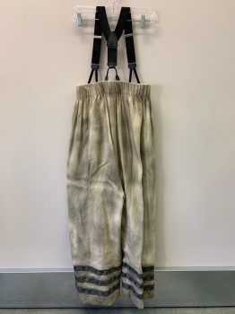 NO LABEL, Beige, Faded Black, Silver, Polyamide, Elastane, Solid, Elastic Waist Band, Pleated Front, 3 Bands On Bottom, Aged And Stains, With Black Suspenders