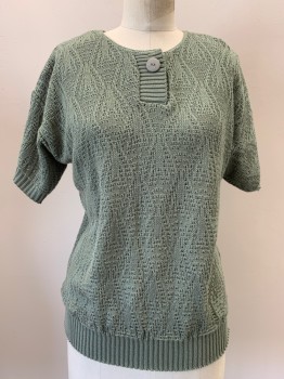 KENNETH TOO!, Sage Green, Acrylic, Textured Fabric, Diamonds, CN, Pullover, Single Button, Placket, S/S