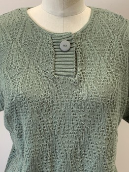 KENNETH TOO!, Sage Green, Acrylic, Textured Fabric, Diamonds, CN, Pullover, Single Button, Placket, S/S