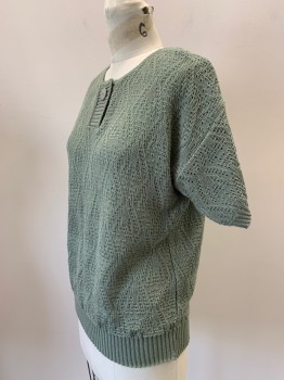 Womens, Sweater, KENNETH TOO!, Sage Green, Acrylic, Textured Fabric, Diamonds, B:38, M, CN, Pullover, Single Button, Placket, S/S