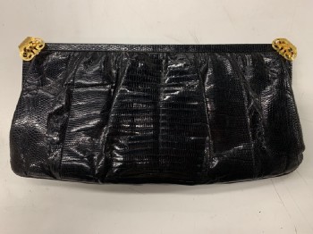 Womens, Purse, NO LABEL, Black, Gold, Leather, Reptile/Snakeskin, Clutch, Gold Side Clips, With Gold Chain Strap