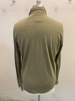 LUCKY BRAND, Olive Green, Cotton, Solid, Heathered, Tshirt Knit, Long Sleeves, Button Front, 7 Buttons, 2 Patch Pockets with Button Flaps, Button Cuffs