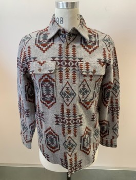 Mens, Casual Shirt, LUCKY BRAND, Heather Gray, Terracotta Brown, Dk Teal, Dk Purple, Cotton, Native American/Southwestern , S, L/S, B.F., Chest Pockets With Button Flaps, Locker Loop, Untucked Fit, Brown Plastic Buttons