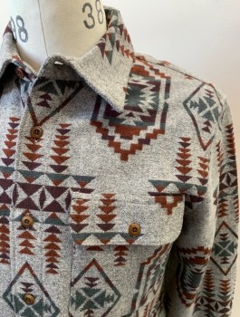 Mens, Casual Shirt, LUCKY BRAND, Heather Gray, Terracotta Brown, Dk Teal, Dk Purple, Cotton, Native American/Southwestern , S, L/S, B.F., Chest Pockets With Button Flaps, Locker Loop, Untucked Fit, Brown Plastic Buttons