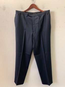 Calvin Klein, Midnight Blue, White, Wool, Stripes - Pin, Deep Hem on Pant Legs, Belt Loops, 4 Pockets,