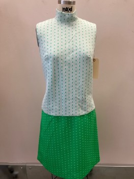 Womens, 1960s Vintage, Top, NL, B 32, White with Green Polka Dots, Ribbed, Slvls, Turtleneck, Back Zip, Polyester