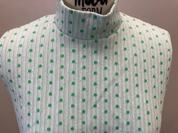 Womens, 1960s Vintage, Top, NL, B 32, White with Green Polka Dots, Ribbed, Slvls, Turtleneck, Back Zip, Polyester