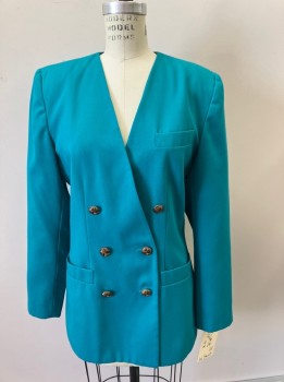 LE SUIT, Teal Green, Wool, Solid, DB. 3 Pckts, No Collar