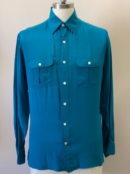 Mens, Shirt, SAKS 5TH AVE, Teal Blue, Silk, Solid, 36, 15.5, L/S, Button Front, Collar Attached, Chest Pockets