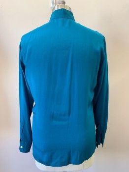 SAKS 5TH AVE, Teal Blue, Silk, Solid, L/S, Button Front, Collar Attached, Chest Pockets