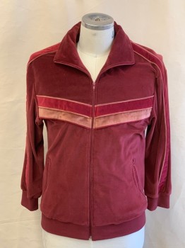 Mens, Jacket, NL, Red, Dusty Rose Pink, Red Burgundy, Polyester, Color Blocking, C 42, Stand Collar, Zip Front, 2 Pckts, Elastic Waist & Cuffs, Piping & Bands Down Arms & Across Chest
