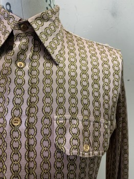 Mens, Shirt, ANTO, Mauve Pink, Gold, Dk Brown, Polyester, Print, M, L/S, Button Front, Collar Attached, Chain Link Print