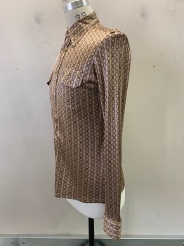 ANTO, Mauve Pink, Gold, Dk Brown, Polyester, Print, L/S, Button Front, Collar Attached, Chain Link Print