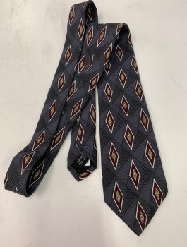 Mens, Tie, MICHAEL JACOBS , Dk Gray, Red Burgundy, Taupe, White, Silk, Diamonds, 3" Wide at Base, Four in Hand