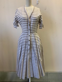 Carlye, Off White, Brown, Tan Brown, Cotton, Polyester, Stripes - Horizontal , Chevron, S/S, V Neck, Button Front, Pleated Skirt, Side Pockets