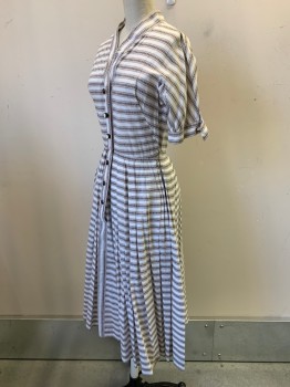 Carlye, Off White, Brown, Tan Brown, Cotton, Polyester, Stripes - Horizontal , Chevron, S/S, V Neck, Button Front, Pleated Skirt, Side Pockets