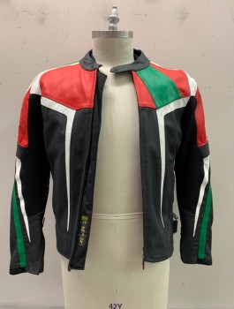 Mens, Leather Jacket, SPIDI, Black, Red, Green, White, Leather, Polyamide, Color Blocking, 42, Zip Front, 2 Zipper Pockets, Zipper Liner