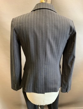 THEORY, Charcoal Gray, Wool, Polyester, Stripes - Chalk , Notched Lapel, 2 Button Front, 2 Pockets