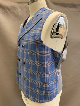 TIGLIO ROSSO, Cornflower Blue, Cream, Navy Blue, Wool, Plaid, Vest, Double Breasted, Peaked Lapel, 4 Pockets, Gray Lining and Back, Self Belt at Back Waist