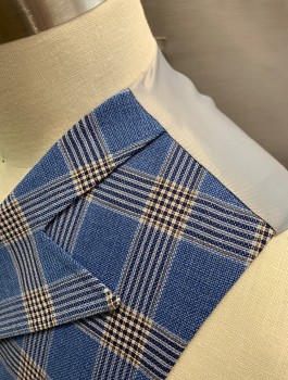 TIGLIO ROSSO, Cornflower Blue, Cream, Navy Blue, Wool, Plaid, Vest, Double Breasted, Peaked Lapel, 4 Pockets, Gray Lining and Back, Self Belt at Back Waist