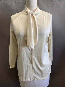 Womens, Blouse, MR. ALEX, Cream, Polyester, Solid, W40, B:42, Stretchy, Long Raglan Sleeves, Button Front, Unusual Stand Collar With Self Tie Bow
