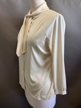 MR. ALEX, Cream, Polyester, Solid, Stretchy, Long Raglan Sleeves, Button Front, Unusual Stand Collar With Self Tie Bow