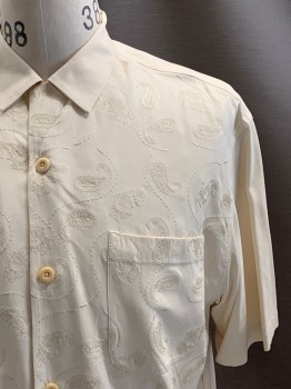 Mens, Casual Shirt, NAT NAST, Cream, Silk, Paisley/Swirls, M, S/S, Button Front, Collar Attached, Chest Pocket, Embroiderred Detail