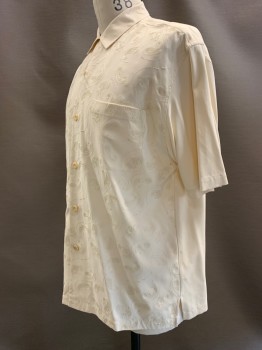 Mens, Casual Shirt, NAT NAST, Cream, Silk, Paisley/Swirls, M, S/S, Button Front, Collar Attached, Chest Pocket, Embroiderred Detail