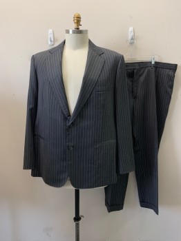 N/L, Gray, Wool, Stripes, Single Breasted, 2 Buttons, Notched Lapel, 3 Pockets, 4 Button Cuffs, 2 Back Vents, Light Gray Stripes