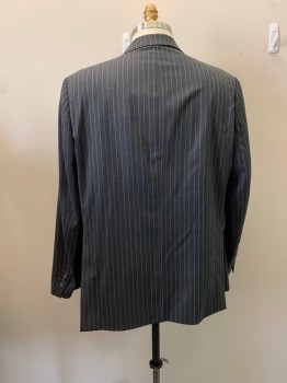 N/L, Gray, Wool, Stripes, Single Breasted, 2 Buttons, Notched Lapel, 3 Pockets, 4 Button Cuffs, 2 Back Vents, Light Gray Stripes