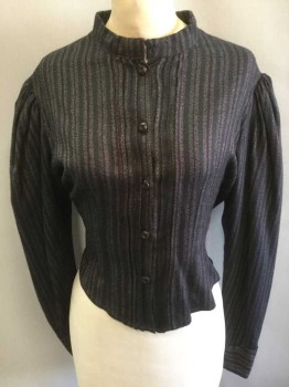 Womens, Blouse 1890s-1910s, N/L, Charcoal Gray, Red Burgundy, Gray, Cotton, Stripes - Vertical , W:30, B:38, Long Sleeve Button Front, Stand Collar, Pleated At Center Front Button Placket, Puffy Sleeves Gathered At Shoulders & Snap At Cuffs, Pleated Vent Detail At Center Back Hem, Made To Order,