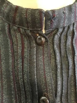 N/L, Charcoal Gray, Red Burgundy, Gray, Cotton, Stripes - Vertical , Long Sleeve Button Front, Stand Collar, Pleated At Center Front Button Placket, Puffy Sleeves Gathered At Shoulders & Snap At Cuffs, Pleated Vent Detail At Center Back Hem, Made To Order,