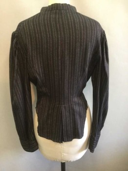 Womens, Blouse 1890s-1910s, N/L, Charcoal Gray, Red Burgundy, Gray, Cotton, Stripes - Vertical , W:30, B:38, Long Sleeve Button Front, Stand Collar, Pleated At Center Front Button Placket, Puffy Sleeves Gathered At Shoulders & Snap At Cuffs, Pleated Vent Detail At Center Back Hem, Made To Order,