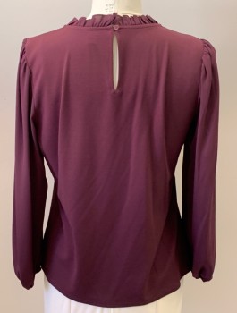 ANN TAYLOR, Red Burgundy, Polyester, Spandex, Solid, Round Ruffled Collar, Puff Sleeve, Elastic Wrist, Back Slit & Button Closure