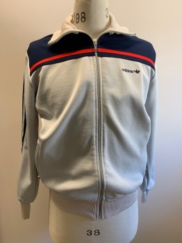 ADIDAS, Lt Gray, Navy Blue, Multi-color, Polyester, Color Blocking, Stripes, Bone White C.A., Zip Front, 2 Zipper Pckts, Red And Navy Stripes