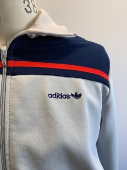 ADIDAS, Lt Gray, Navy Blue, Multi-color, Polyester, Color Blocking, Stripes, Bone White C.A., Zip Front, 2 Zipper Pckts, Red And Navy Stripes