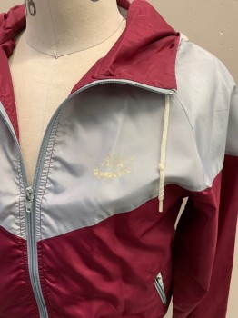 NIKE, Maroon Red, Dove Gray, Synthetic, Color Blocking, Zip Front, 2 Pockets, Hood, Faded Logo On Chest, White Drawstring,