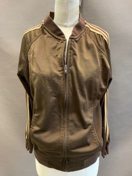 Womens, Jacket, D LANG, Chestnut Brown, Tan Brown, Polyester, Solid, Stripes, M, Track Jacket, Zip Front, 2 Pockets, Raglan Sleeve, Rib Knit Collar Waistband Cuffs And Stripes