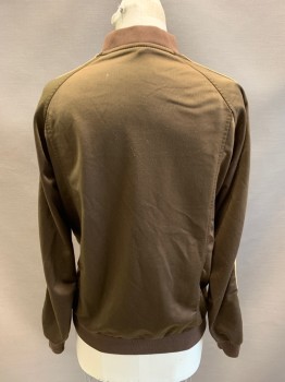 D LANG, Chestnut Brown, Tan Brown, Polyester, Solid, Stripes, Track Jacket, Zip Front, 2 Pockets, Raglan Sleeve, Rib Knit Collar Waistband Cuffs And Stripes