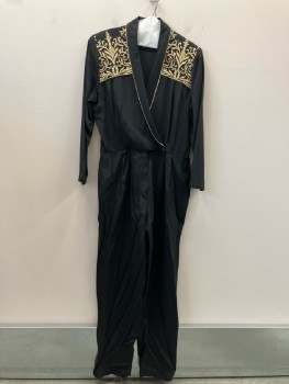 JOHN ROBERTS, Black Rayon, Surplice V-N, with Gladiator Trimmed Shawl Lapel, Metallic Gold Embroidered Front Yoke, Shoulder Pads, L/S, Zip Front, Double Pleats At Waist, 2 Pckts,
