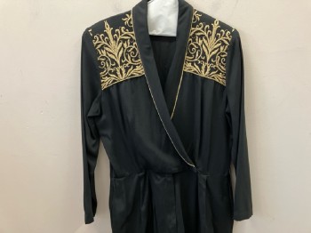 Womens, Jumpsuit, JOHN ROBERTS, W:32, B:40, H:42, Black Rayon, Surplice V-N, with Gladiator Trimmed Shawl Lapel, Metallic Gold Embroidered Front Yoke, Shoulder Pads, L/S, Zip Front, Double Pleats At Waist, 2 Pckts,