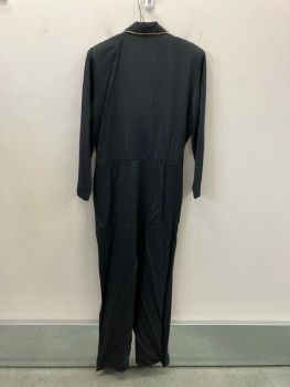 Womens, Jumpsuit, JOHN ROBERTS, W:32, B:40, H:42, Black Rayon, Surplice V-N, with Gladiator Trimmed Shawl Lapel, Metallic Gold Embroidered Front Yoke, Shoulder Pads, L/S, Zip Front, Double Pleats At Waist, 2 Pckts,