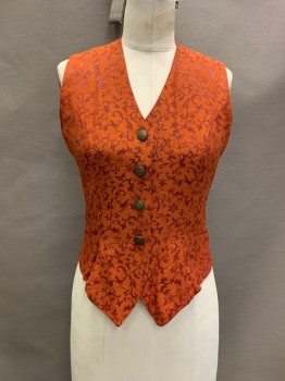 SUE WONG, Burnt Orange, Red Burgundy, Synthetic, Floral, Jacquard, V-N, Button Front, 2 Pockets, Textured