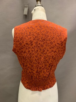 SUE WONG, Burnt Orange, Red Burgundy, Synthetic, Floral, Jacquard, V-N, Button Front, 2 Pockets, Textured